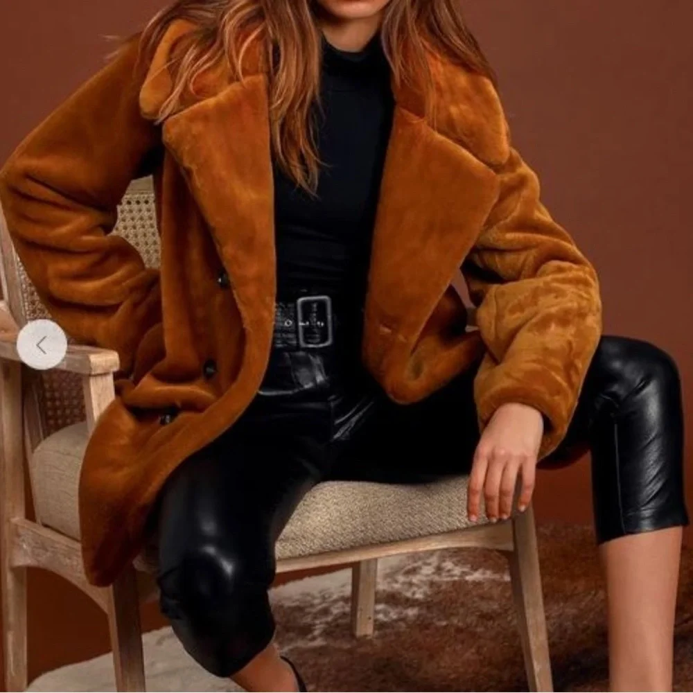 Lulu’s NWT Avante Brown Faux Fur Double Breasted Coat - Picture 6 of 13
